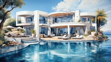 Beautiful architectural sketch with watercolor and ink luxury white villa with a beautiful blue pool.A place for privacy and relaxation. Advertising of tourism, recreation and real estate