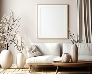 single wooden frame mockup, single rectangular wall art mockup standing on the wall, 3d rendering