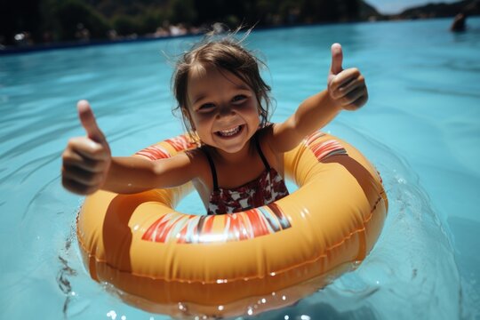 cute European girl toddler shows a thumbs up. A happy, laughing baby is swimming in a swimming ring. Summer family vacation in a luxury hotel.Fun family tour
