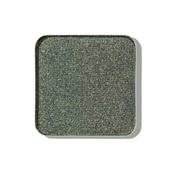 Top view glitter eye shadow green gray color swatch isolated with translucent hard shadow, in metal square package. Close up macro refill shiny eyeshadow for makeup, cosmetics texture, cutout element