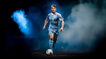 Fototapeta na wymiar a soccer player in a blue sports uniform is kicking the ball with dark blue background with blue smoke