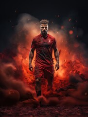 Fototapeta na wymiar a soccer player in a red sports uniform is kicking the ball with dark blue background with blue smoke