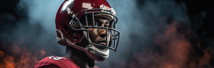 dynamic banner portrait of American football sportsman player in red uniform on black background with smoke