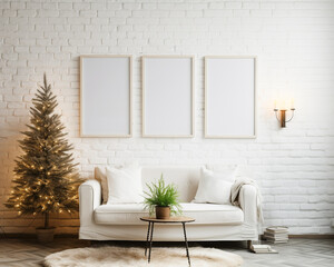 3 wooden thin frame mock-ups, living room decorated for christmas celebration, christmas decorations, interior design, 3d rendering, 3d drawing, frames for wall art