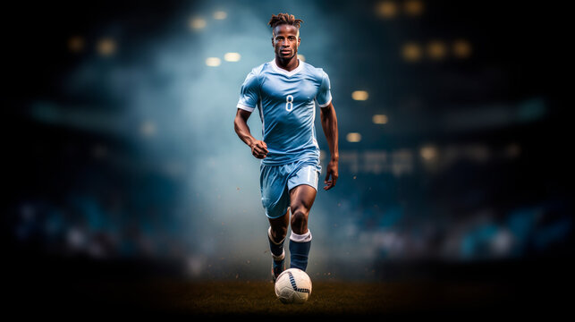 a soccer player in a blue sports uniform is kicking the ball with dark blue background with blue smoke