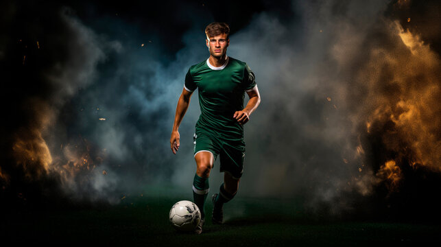 a soccer player in a green sports uniform is kicking the ball with dark blue background with blue smoke