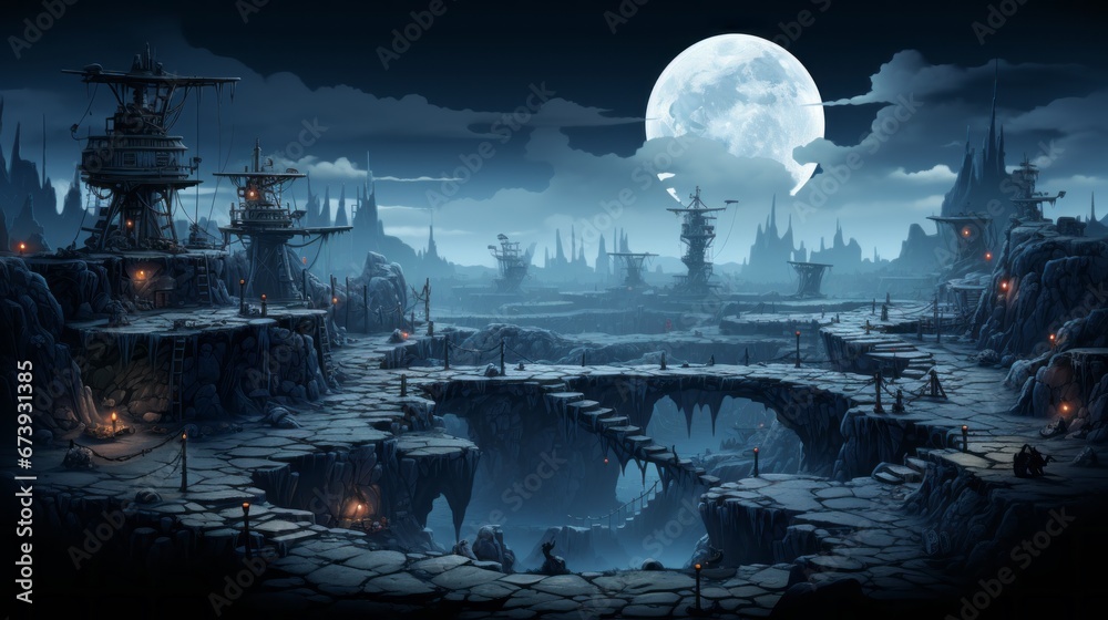 Wall mural futuristic 2d game platformer landscape background 