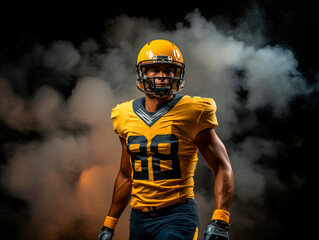 dynamic banner portrait of American football sportsman player in yellow uniform on black background with smoke
