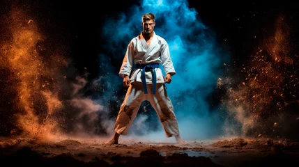 Tuinposter a Karate banner on a dynamic background with smoke and fire. Active sports. © StasySin