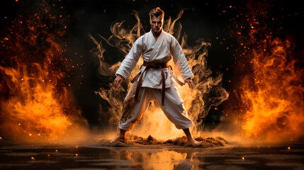 a Karate banner on a dynamic background with smoke and fire. Active sports.