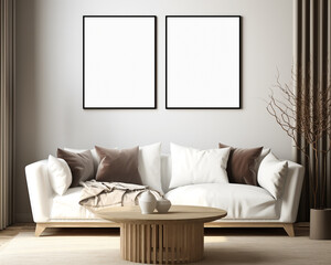 Two framed mockup posters in living room design interior, 3d render