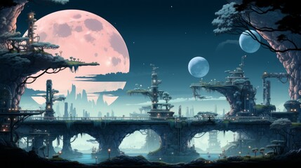 futuristic 2d game platformer landscape background  - obrazy, fototapety, plakaty