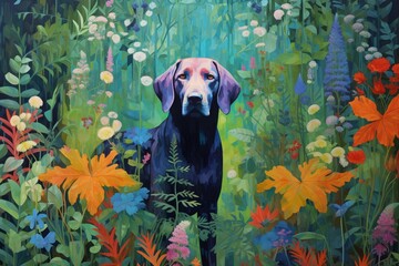 Image of flower, foliage, and dog. Generative AI
