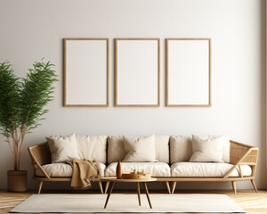 triple frame template, elegant and stylish frame mockups on the living room wall, 3d design, 3d rendering,