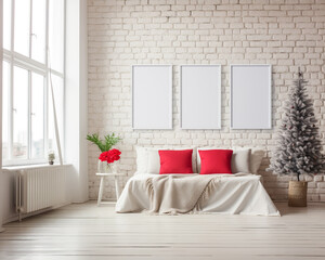 Set of 3 white wall art frame mockup, realistic interior design, Christmas tree and gifts, living room, 3D rendering, Christmas concept interior design