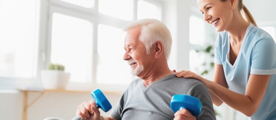 Physical therapist helpful senior patients to exercise - obrazy, fototapety, plakaty