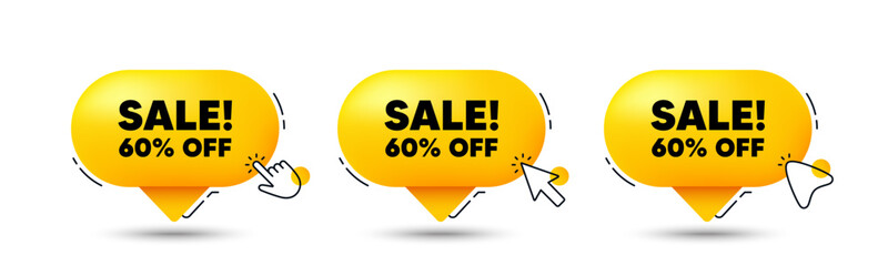 Sale 60 percent off discount. Click here buttons. Promotion price offer sign. Retail badge symbol. Sale speech bubble chat message. Talk box infographics. Vector