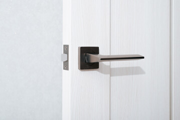 Close-up of a simple metal handle and lock in a white wooden door