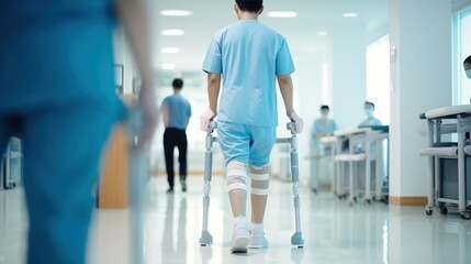 Obraz premium Patients use walking stick hospital corridor
