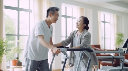 Obraz premium Nurse or medical person take care patients on Wheelchair at hospital corridor