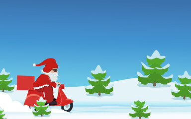 Santa Claus on his scooter driving in a snowy landscape of a fir forest under a blue sky in a flat design style