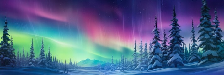 Alaska Christmas: Fantasy Winter Landscape with Northern Lights. Night Sky, Aurora Borealis, and Nature's Beauty Illuminate the Festive Water Landscape.