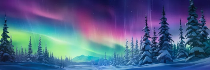 Foto op Plexiglas Alaska Christmas: Fantasy Winter Landscape with Northern Lights. Night Sky, Aurora Borealis, and Nature's Beauty Illuminate the Festive Water Landscape. © AIGen