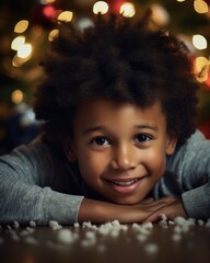 Christmas Black Boy: Excitement and Celebration with African American Child by the Christmas Tree
