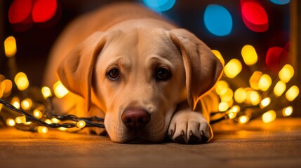 Adorable Labrador Retriever Christmas: Colorful Lights and Holiday Pet Dog Laying