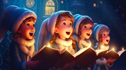 Obraz na płótnie Canvas Christmas Carolers. Celebrating the Winter Season with Joyful Singing and Musical Delight. Festive Illustration of Carolers Singing in a Snowy Background.