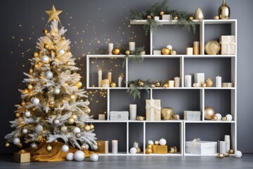 2024 Christmas Shelf Decor: Beautifully Decorated Modern Room with Colorful Christmas Tree Branches