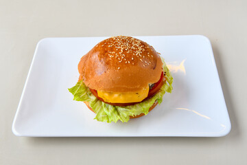 Big tasty burger, hamburger  with beef cutlet on a plate. Crispy chicken burger.