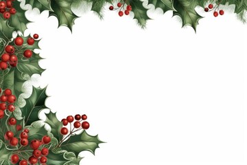 Christmas Background with Corner Holly Border. White Winter Decor featuring Red Berry, Cone, and Holly, surrounded by Fir Tree Branch