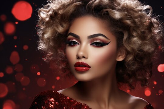 Celebrate in Glam Christmas Style with Beautiful Holiday Make-Up on a Bright Background
