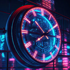 Dark night scene with big neon abstract clock. Circle time, purple, blue lights. Futuristic dial. New day, year, epoch, time flow concept