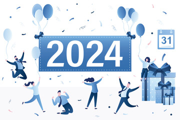Group of people celebrating new 2024 year. Merry christmas, funny corporate party. Happy tiny businesspeople with gift boxes, balloons and confetti. 31 December, celebration event.