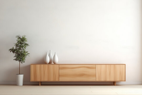 Interior mock up, contemporary style. Empty white wall in modern room. Copy space for your artwork, picture, poster. Apartment interior design. Wooden sideboard and indoor plant in pot.