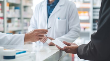Fototapeta na wymiar Pharmacist suggestion to customer about drugs at pharmacy store