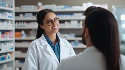 Fototapeta premium Pharmacist suggestion to customer about drugs at pharmacy store