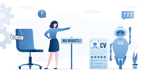 Work for people only. prohibition to use robots, chat bots or AI at work. Problems of unemployment, replacement of people by machines.