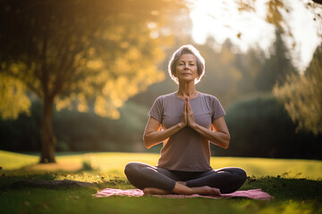 Fototapeta premium Calm mature woman does yoga in park