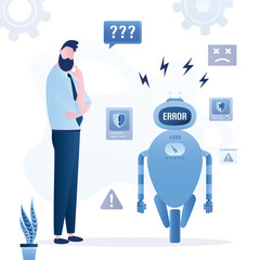 Broken android, AI with virus or code mistakes. dissatisfied user or businessman. Chatbot error. Assistant, chat bot, artificial intelligence doing mistakes