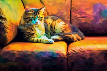 Abstract digital artwork of a cat on a sofa created by Linda Braucht, an American artist from the 20th century. Generative AI - obrazy, fototapety, plakaty