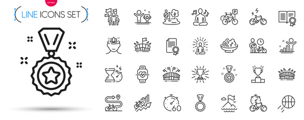 Pack of Yoga music, Winner cup and Basketball line icons. Include Hourglass timer, Winner reward, Arena stadium pictogram icons. Bike path, E-bike, Certificate signs. Sports arena, Timer. Vector - obrazy, fototapety, plakaty