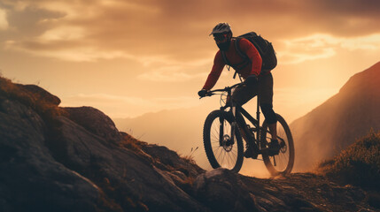 Obraz premium Cyclist Riding the Bike Down the Rock at Sunrise in the Beautiful Mountains on the Background. Extreme Sport and Enduro Biking Concept.