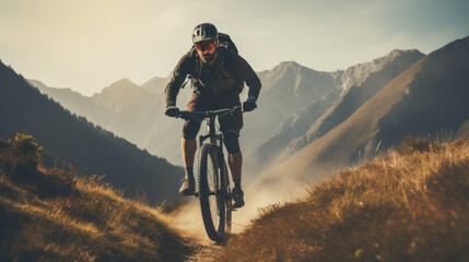 Cyclist Riding the Bike Down the Rock at Sunrise in the Beautiful Mountains on the Background. Extreme Sport and Enduro Biking Concept.