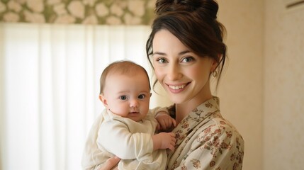Tender moment. Mother enjoying great time with her lovely baby, while holding him at her hands and bonding with tenderness. Motherhood and happy chidhood concept