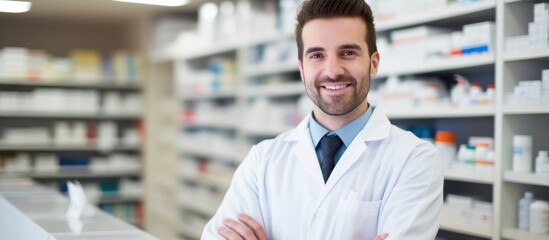 Smiling of pharmacist and drugs working at pharmacy store