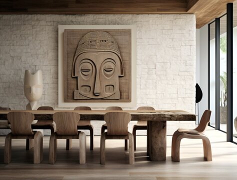 an attractive room with several chairs including a large wooden table and some artwork, conceptual simplicity, dogon art, light beige and beige