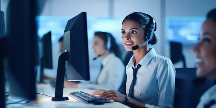 Smiling indian ethnicity call center  representative taking phone calls, support hotline woman, tech support specialist online